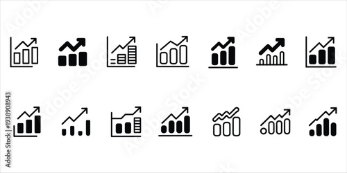 Set of bar graph icons showing upward trend and financial growth on white background Keywords: graph, chart, bar chart