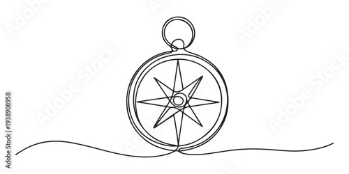One continuous line drawing of traveller compass, Continuous Line Drawing of Compass Icon. one line Art icon drawing vector. Road Compass continuous one line art drawing.