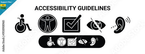 The image illustrates accessibility guidelines with outline icons representing inclusivity, design, and compliance. glyph icons set.