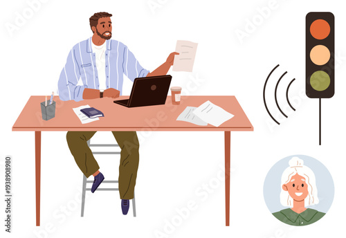 Office work, communication, teamwork, traffic signal concept, workflow, modern workplace. A man with a laptop and documents at a desk with communication and traffic signal icons. Communication