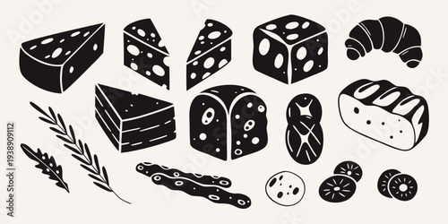 Stylized black and white illustration of various cheeses breads and pastries