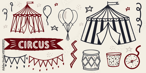Hand drawn circus elements including tents balloons and festive decorations