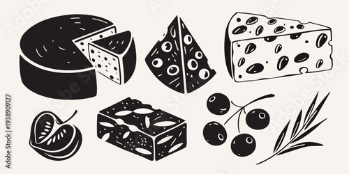 Black and white illustration of various cheeses olives and herbs