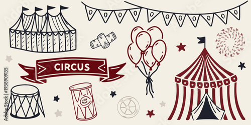 Colorful circus illustration featuring tents balloons and festive decorations