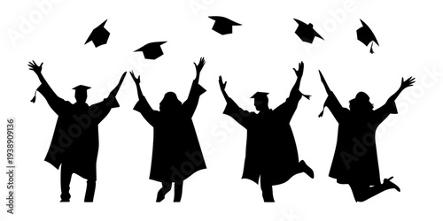 Graduation Celebration Silhouette - Students Tossing Caps Vector Illustration
