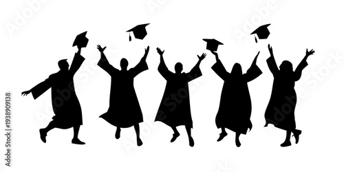 Graduation Students Jumping Silhouette - Successful Graduates Tossing Caps Vector