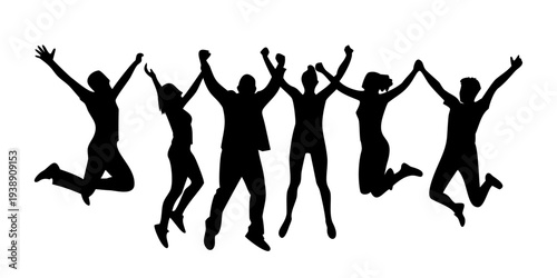 Diverse Happy Group Jumping Silhouette - Success Celebration Vector Art