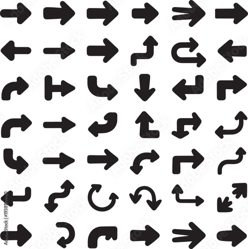 Set of various black arrow pointers and indicators on transparent background