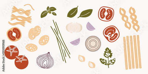 Stylized illustration of various pasta shapes vegetables and herbs