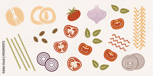 Italian food ingredients arranged in a colorful flat lay composition