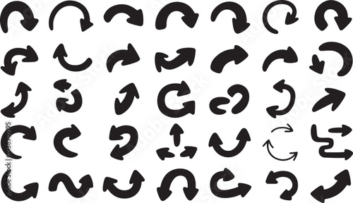 Large collection of black circular and turning arrows on transparent grid