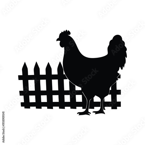 Silhouette of a majestic rooster standing near a wooden fence, vector illustration, chicken beside fence silhouette vector illustration