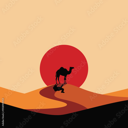 Camel Silhouette in Desert Sunset Landscape Travel Vector Illustration