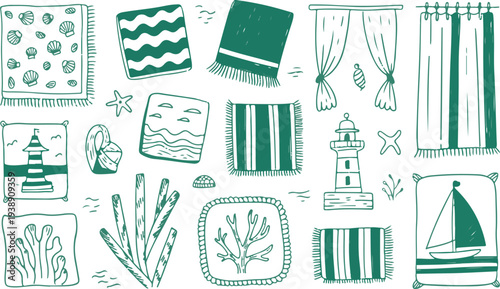 Collection of green beach and sea items on transparent background.