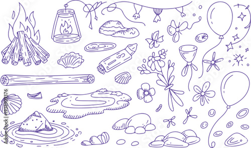 Collection of purple nature and camping elements on transparent background.