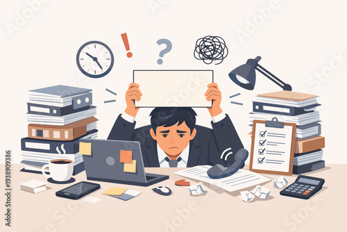 Overwhelmed Businessman Holding Blank Sign for Help Amidst Heavy Workload, Stacks of Paperwork, and Deadlines in Busy Office Illustration. Concept of Professional Burnout, Stress, and Multitasking.