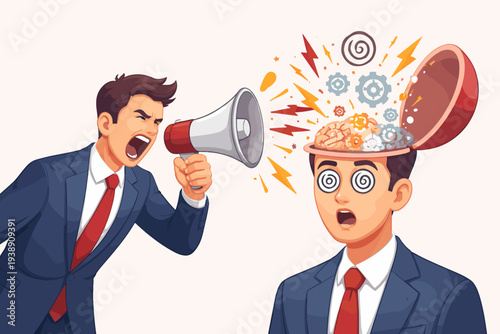 Aggressive Marketing and Brainwashing Concept Illustration with Businessman Shouting into Megaphone at a Man with Open Head and Gears, Representing Manipulation, Propaganda, and Mind Control