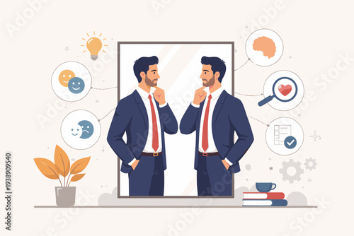 Businessman Looking in Mirror for Self-Awareness and Introspection, Vector Illustration of Psychology Concept with Icons for Emotions, Brain, Heart, and Behavior for Personal Growth and Mindset