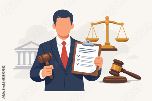 Professional Lawyer or Judge Holding Gavel and Legal Document Checklist with Scales of Justice and Courthouse Background, Concept of Law, Regulations, Compliance, Authority, and Legislation.