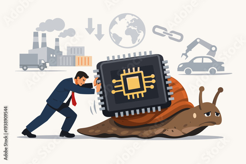 Global Semiconductor and Computer Chip Shortage Concept with Businessman Pushing Giant Microchip on a Slow Snail Representing Economic Supply Chain Crisis and Manufacturing Industry Slowdown