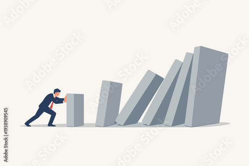Businessman pushing a small block to trigger a chain reaction of falling larger blocks, representing how small habits lead to massive productivity, business growth, and personal improvement.