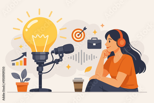Young woman listening to motivational podcast for inspiration and career development with glowing lightbulb microphone and business icons. Self improvement and success concept vector illustration.