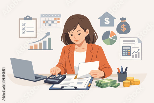 Professional woman accountant calculating project cost estimation and budget with financial planning tools, tax preparation, business analysis, investment growth, and resource management.