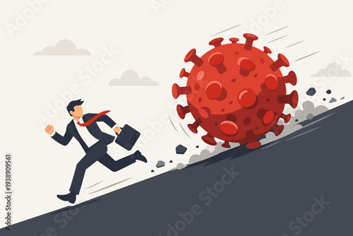 Businessman Running Away from a Giant Coronavirus Particle Rolling Down a Hill, Symbolizing the Economic Impact, Business Crisis, and Financial Risk During a Global Pandemic Outbreak Vector