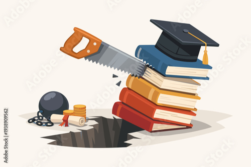 Student loan debt and high cost of education concept with books and graduation cap falling into a pit, representing financial burden, tuition crisis, and economic pitfalls of higher learning.