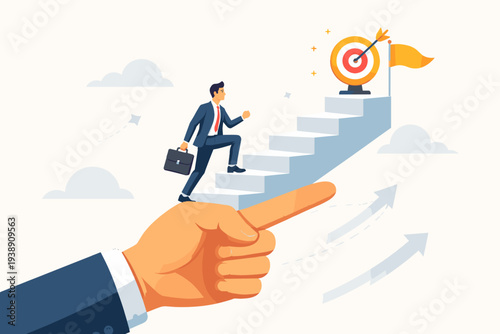 Businessman climbing stairs towards a target goal with guidance from a large hand, representing career growth, leadership, mentorship, professional success, and motivation for achievement.