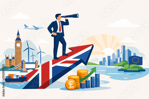 Businessman with Telescope on Union Jack Arrow Visualizing UK Economic Growth and Investment Opportunities after Brexit Deal with London Landmarks, Pound Sterling Coins, and Global Trade Symbols