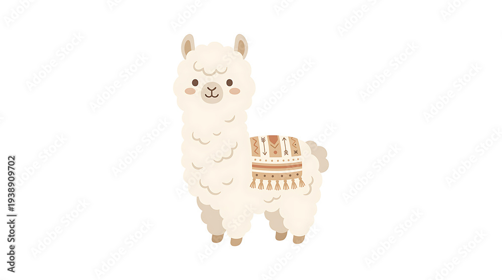 Fototapeta premium White Llama with Colorful Saddle Standing.