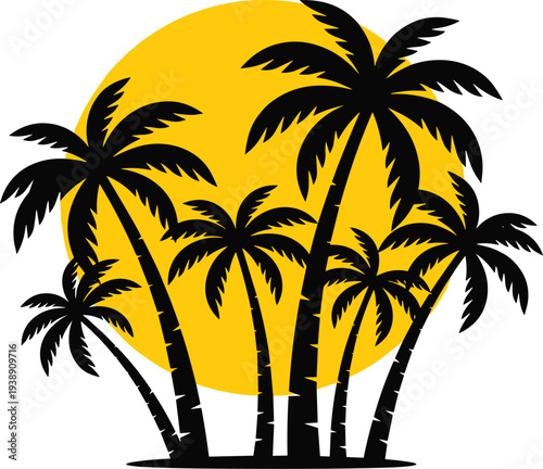 Serene tropical landscape with palm trees silhouetted against a vibrant yellow sunset