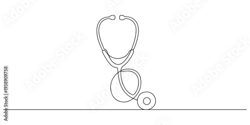 Continuous one line drawing of a stethoscope representing medical care, health examination, and diagnostic tools, perfect for healthcare communication and professional branding