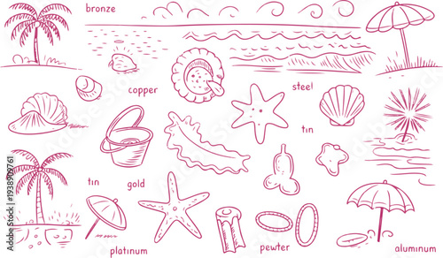Beach holiday doodle art with summer vacation elements and ocean life