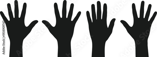 Multiple hands raised in unison, a gesture of unity and solidarity, captured from a straightforward perspective