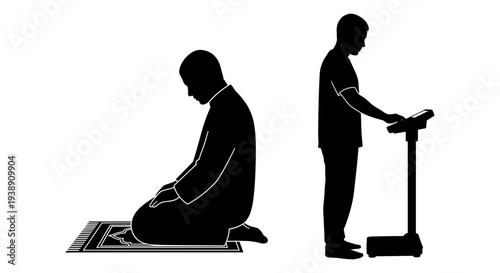 Contrast between kneeling and standing prayer or meditation postures in silhouette form Vector, illustration