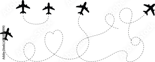 Five airplanes in silhouette with dashed lines indicating flight paths and a heart vector illustration