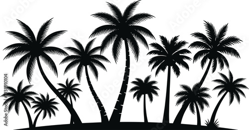 Tropical island getaway featuring palm trees silhouetted against a serene landscape viewed from a distance in a graphic illustration