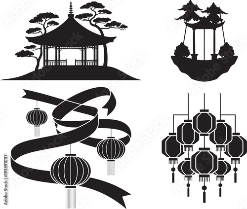 Chinese traditional pavilion and lanterns silhouettes set collection