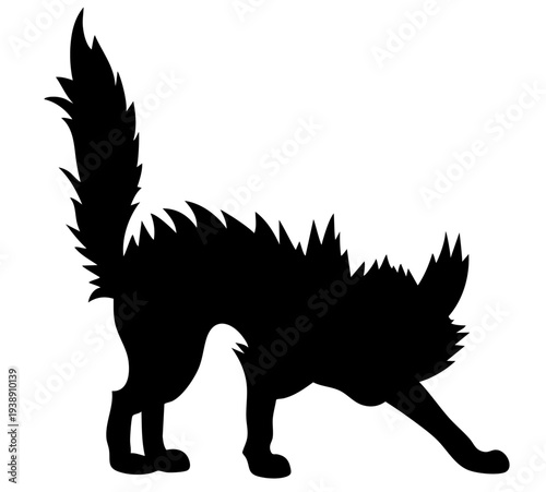 Aggressive black cat silhouette in defensive pose with raised fur and stretched paw, hissing frightened feline Halloween