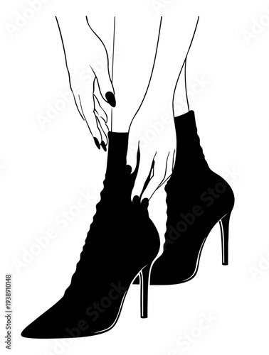 Lace Up Ankle Boots on High Heels, Woman Adjusting Fashion Footwear with Stylish Feminine Hands