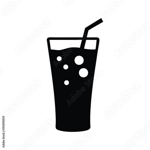Refreshing iced coffee straw and bubbles silhouette vector illustration, cool drink silhouette vector illustration