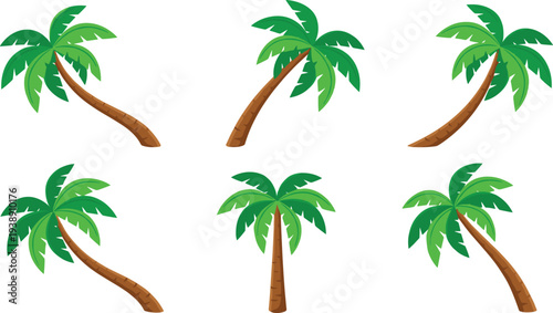 Six palm trees illustration arranged in a grid pattern, viewed from directly above, showcasing their green leaves and brown trunks in a clean design.