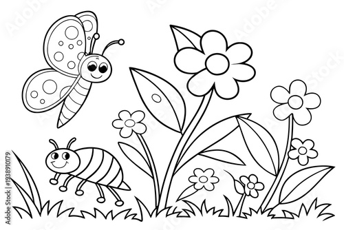 Garden Insects Coloring Page for Kids - Butterfly, Bee, Ladybug, Caterpillar Line Art