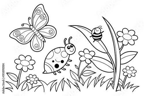 Garden Insects Coloring Page for Kids - Butterfly, Bee, Ladybug, Caterpillar Line Art