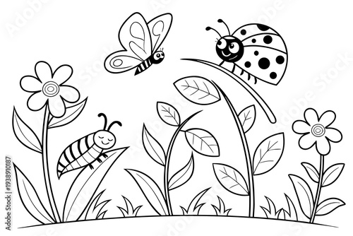 Garden Insects Coloring Page for Kids - Butterfly, Bee, Ladybug, Caterpillar Line Art