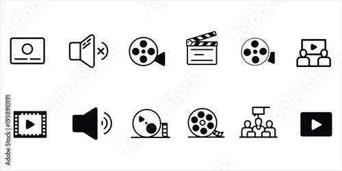 Collection of video and cinema icons in two styles on white background movie