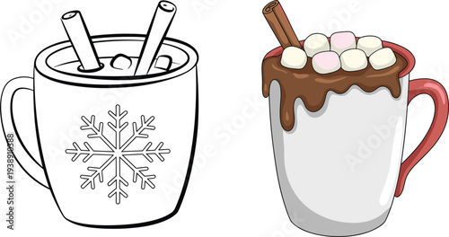 Hot Chocolate Mug Vector with Marshmallows and Cinnamon Sticks Coloring Page and Colored Version Illustration