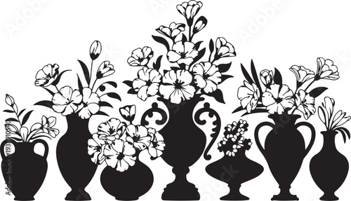 Monochromatic silhouettes of various flower bouquets in different vases